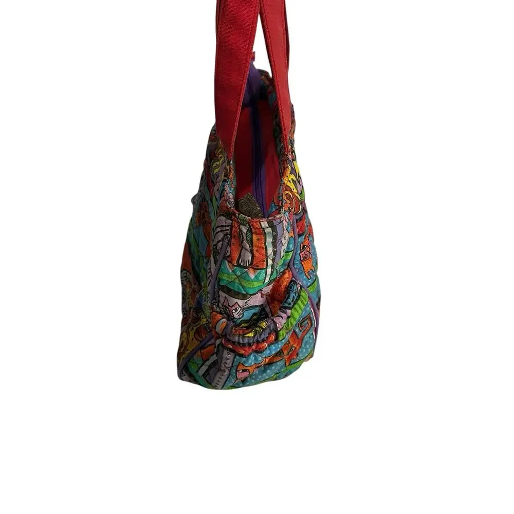 Laurel Burch Colorful Cat Print Quilted Shoulder Tote Bag Purse Whimsical Art